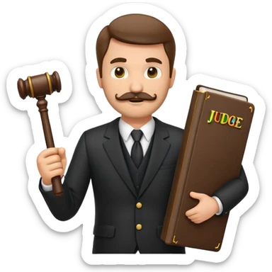 “Create a clean, modern emoji-style illustration of a male lawyer. He is wearing a formal suit jacket. He is holding a judge’s gavel in one hand and has a law book tucked under his arm. He has a mustache and a short beard, and sticker