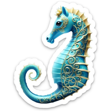 Cinematic Noble Sea Horse Portrait Emoji, Poised and elegant, with a delicate, upright body adorned with intricate, flowing patterns and a gracefully curled tail, with keen, expressive eyes, Simplified yet sharp and sophisticated features, highly detailed, glowing with a soft, aquatic luminescence, high shine, intelligent and refined, stylized with an air of ethereal marine grace, focused and poised, soft glowing outline, capturing the essence of a watchful and confident sea guardian that appears ready to drift out of the screen with effortless authority! sticker