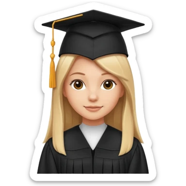 white girl with straight hair, standing proudly in black graduation cap and gown, subtle smile sticker
