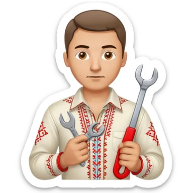 Ukrainian man with traditional embroidered shirt (vyshyvanka) holding a metal spanner wrench and red scissors sticker