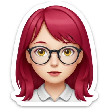 Menina com cabelos longos vermelho Cherry, liso com franja,olho direito ROSA e olho esquerdo amarelo,pele clara e com oculos  sticker