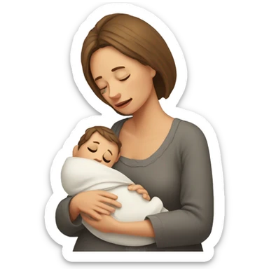 European sad mother with newborn sticker