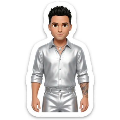 AJ McLean from Backstreet Boys with brown eyes, black hair, white metallic shirt, white metallic baggy pants, silver necklace sticker