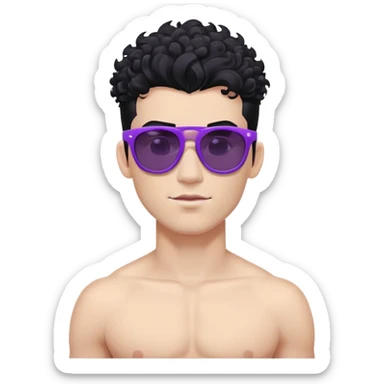 shirtless male athlete with white skin and moderately curly black hair on top with shaved sides, wearing purple sunglasses with black tinted lenses sticker