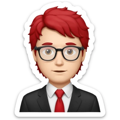 white man in white shirt, having red tie, black wavy hair, wearing glasses sticker