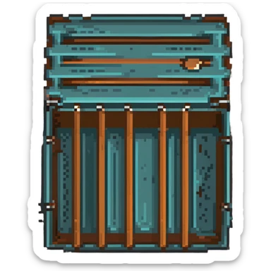 wooden crate with metal reinforcements, orange-brown wood with visible grain texture and dark gray metal bands, 32x32 pixel art game tile that looks breakable sticker