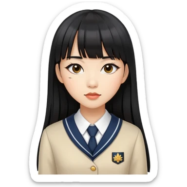 fashionable woman with Asian skin tone, long straight black hair with straight bangs, school uniform, and stylish makeup sticker