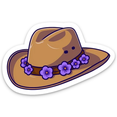 Cowgirl hat with purple lavender flowers, wide-brimmed brown western hat sticker