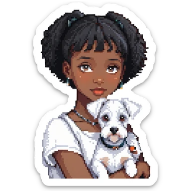 Black girl with short bangs holding a white schnauzer dog sticker