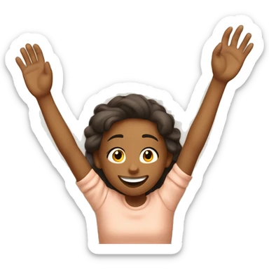 Happy girl wakes up in bed and stretches hands up in the air  sticker