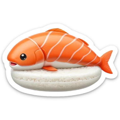 Cute Kawaii Nigiri Sushi, plump and happy, a soft white rice pillow topped with bright orange salmon, tiny blushing cheeks, big round eyes, a joyful floating expression! sticker