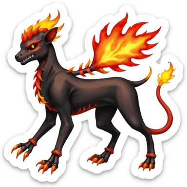 Badass black skeletal cool shiny Houndoom-Charmeleon-Fakémon-hybrid-creature (full body)  with flamey Mohawk  sticker