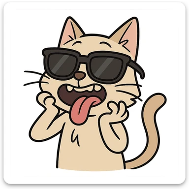 a cat wearing oversized sunglasses and making a silly face, cartoon style sticker