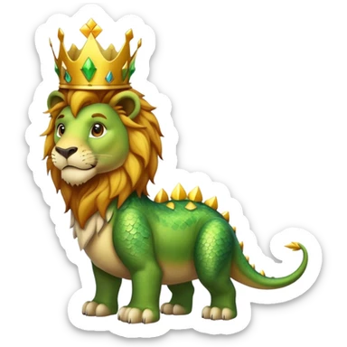 A lion wearing a golden crown standing next to a friendly dinosaur sticker