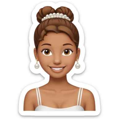 Light brown skin girl, brown hair in bun, smiling, white tube top, pearl earrings sticker