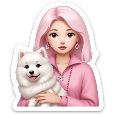 girl in pink Chanel-style outfit with white Samoyed dog sticker