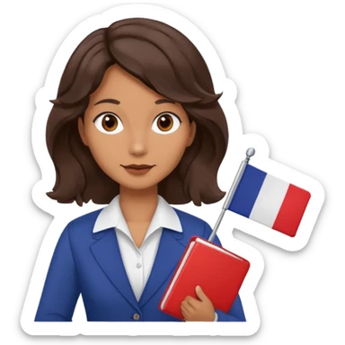wavy dark brown hair, no glasses, fox dark eyes, with a little file in the hand, being a teacher with a board in the background with a french flag, sticker