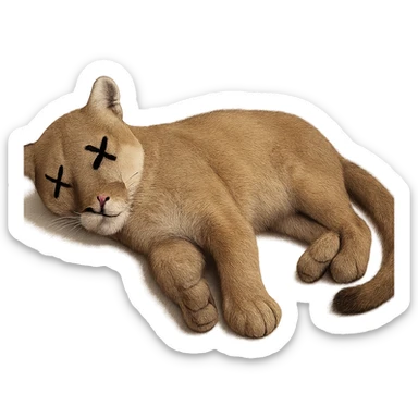 Make the mountain lion appear dead, lying on its side with cartoon X's for eyes, no blood, keep the exact same photorealistic style and details, transparent background. sticker