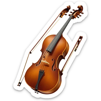 Create a refined and detailed emoji representing a Cremona cello with a bow. The design should feature the smooth, polished wooden body of the cello with a deep, rich tone color. The strings and tuning pegs should be visible, emphasizing the instrument's fine craftsmanship. Add a delicate bow placed gently across the strings, with intricate detailing on the hair and frog. Include subtle musical notes around the cello to evoke the graceful, classical sound. Use warm wood tones and accents like gold and silver for a professional, elegant look. The background should be transparent. sticker