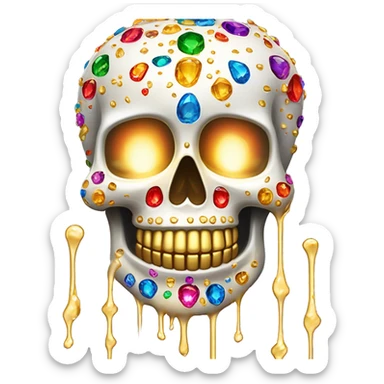 Realistic white sugar skull decorated with colorful rhinestones with a metallic gold candle on top of its head dripping down melted metallic gold wax down the skull sticker