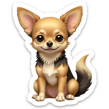 cinematic-[chihuahua dog]-realistic-full-body-sitting-emoji,-tail-resting-loosely-beside-its-paws,-head-tilted-dramatically,-scruffy-[black and tan]-fur,-simplified-yet-realistic-focused-features,-highly-detailed,-glowing-with-an-almost-sarcastic-glow sticker