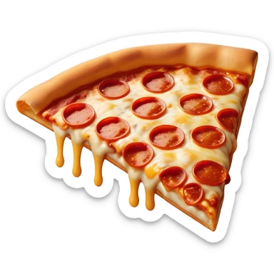 Cinematic cheesy pizza slice, gooey melted cheese stretching as a bite is taken, crispy golden crust, rich tomato sauce, vibrant toppings, warm glowing background, inviting and delicious. sticker