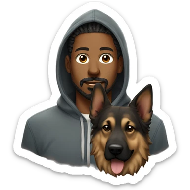man with dreadlocks, mustache and goatee dressed in a hoodie alongside a brindle colored german shepherd dog sticker