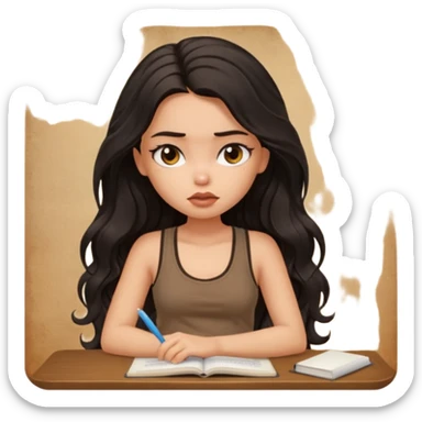a pretty bratz light dusky girl with long wavy black hair in a brown tank top studying and lookinh tired sticker