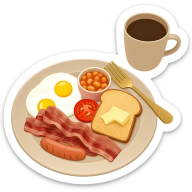full English breakfast with two eggs, bacon, sausage, beans, toast, and tomato оn a beautiful light beige plate with a gold fork and beige cup of coffee side view sticker