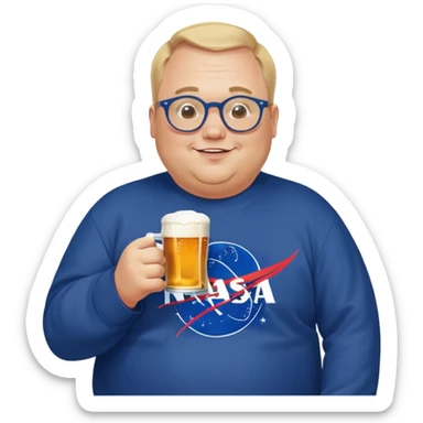 happy fat man, drinks a beer,  blond short and hight receding hairline, wearing a dark blue sweatshirt, nasa logo on the sweatshirt, round glasses without frame, 40 years old sticker