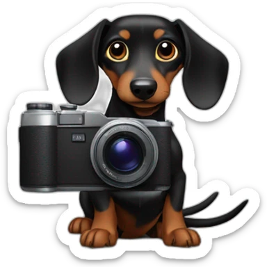a black dachshund dog holds a camera SONY in its paws medium plan sticker