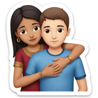 indian boy hugging indian girl from behind... boys hand down near navel of girl... boys head on the shoulder of girl... hugging tight sticker