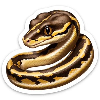 A photo-realistic digital illustration of a Ball Python, large headshot portrait. The snake has a short, rounded snout, smooth contours, and a calm, curious expression. Its head is warm brown with bold, irregular dark markings, including the signature “alien-head” pattern.  sticker