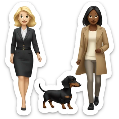 Blonde white woman and Brunette white woman walking black and tan dachshund sticker