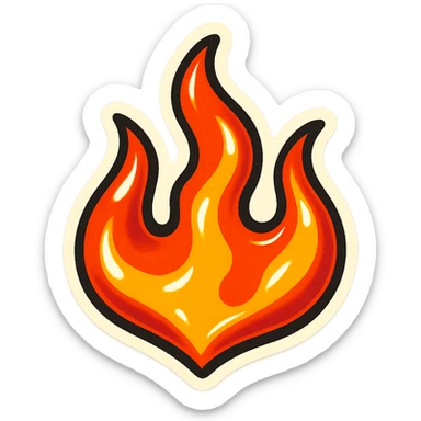retro sticker style flame with three distinct flame tongues, bold outlines, juicy colors, shiny highlights, energetic and playful fire sticker