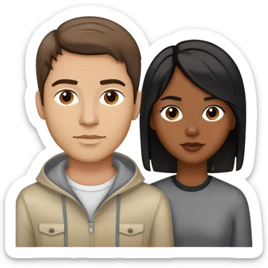 Man with light skin, brown hair with streaks of gray and light skin with a  woman with medium length black hair and brown skin sticker