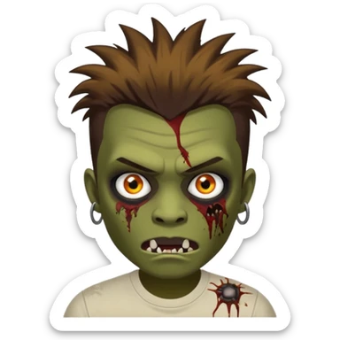 Um garoto zombie de cabelo castanho escuro, com o cabelo chegando no pescoço, punk, com olhos castanhos esverdeados, de camisa branca sticker