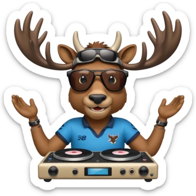 un caribou qui sourit avec des lunettes de soleil de face avec des platines de dj en bas et le maillot de bayonne rugby club sticker
