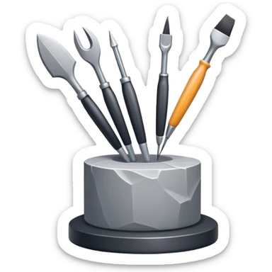 Icon for sculpting, with sculpting tools, sculpture in progress on a textured surface, minimalistic style, clean lines, transparent background. sticker
