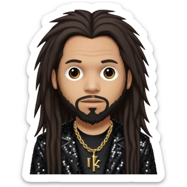 Reginald Fieldy Arvizu from Korn with long dark brown hair, light tan skin, black sequin outfit sticker