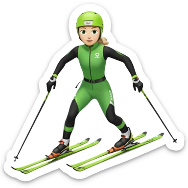 Xc ski racer in green and black clothing. Full body, classic skiing uphill sticker
