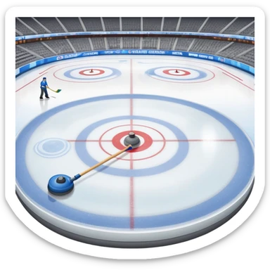 An icon showing the ice with a broom and a close-up of a curling stone sliding. The scene is set in a brightly lit stadium, with detailed spectator stands in the background. Transparent background highlights the focus, skill, and atmosphere of the curling sport. sticker