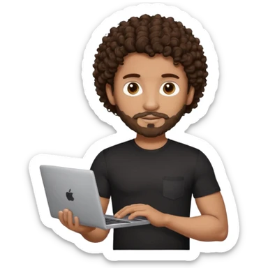 men holding his computer in hands. light brown skin men with curly dark brown hair, brown eyes, little grown beard. ust a tiny bit muscular. dressed casual. round face. sticker