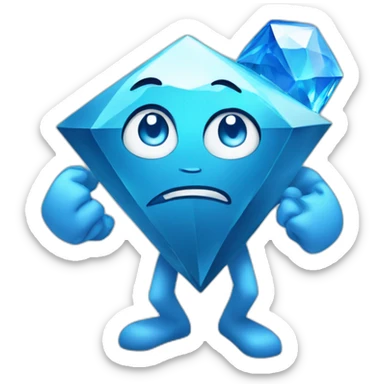 A blue diamond with a face, arms and legs doing something random and with a sad face sticker