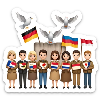 people holding protest signs with the Berlin Wall in the background, peace dove, East and West Germany flags, 1950s and 60s sticker