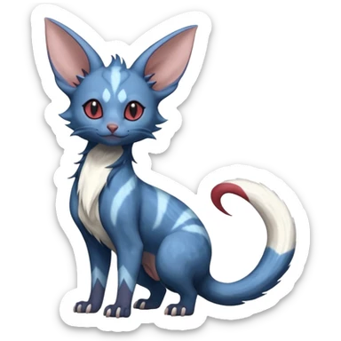 Dark Brown-Oily deep-blue-glittery Minccino-Lykoi-Emolga-Sphynx-Linoone-Zangoose-fusion-hybrid-animal-Fakémon-creature, full body, thin long sleek scaly tail, with intricate markings sticker