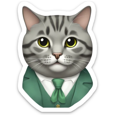 Aesthetic fat grey tabby British short hair full body cat with sage green bow tie sticker