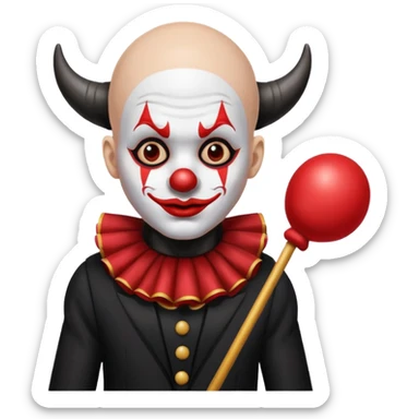 Crea un payaso con toda la cara blanca sin pelo con cuernos de color negro, que su cuerpo tenga un traje de payaso negro con rojo sticker