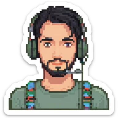 laughing man with black hair, brown eyes, black beard wearing gaming headset sticker