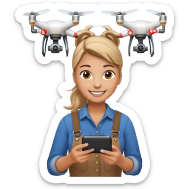 female farmer with a ponytail using a smartphone with a drone in the sky, emoji style sticker